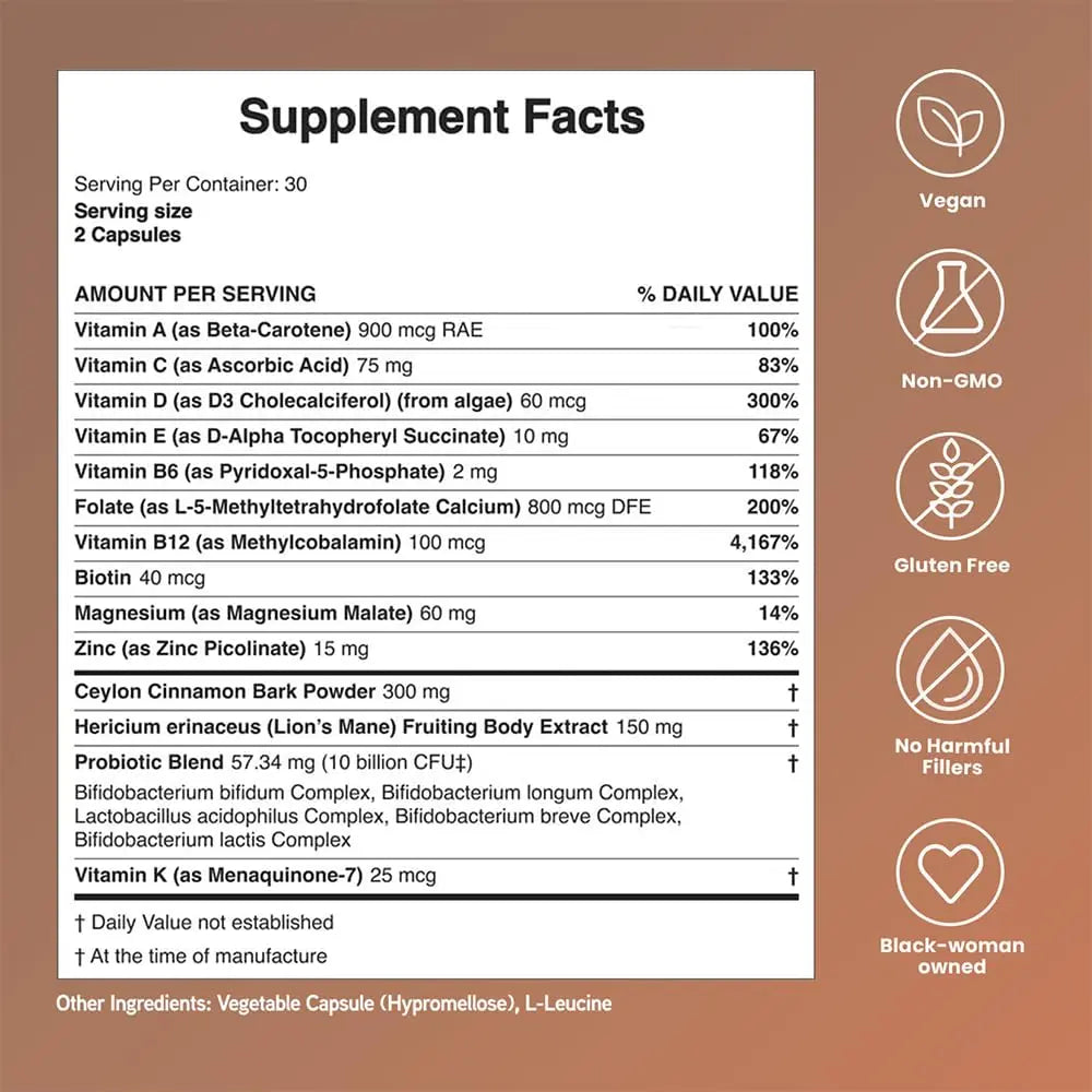 Mela Daily Essentials Multivitamin for Melanated Women - High-Dose Vitamin D3 and B12, Probiotics, Lion's Mane, Ceylon Cinnamon Mela Au supplements