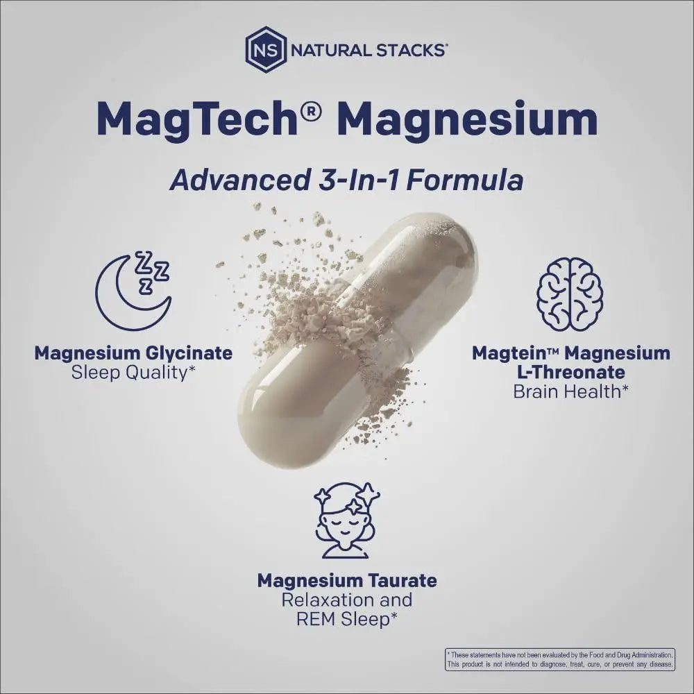 MagTech Magnesium Complex for Women & Men - 3 Forms of Magnesium: Glycinate, Magtein L-Threonate & Taurate - 200mg Chelated Complex - Support for Relaxation & Brain Health - 90 Glycinate Capsules NATURAL STACKS Au supplements