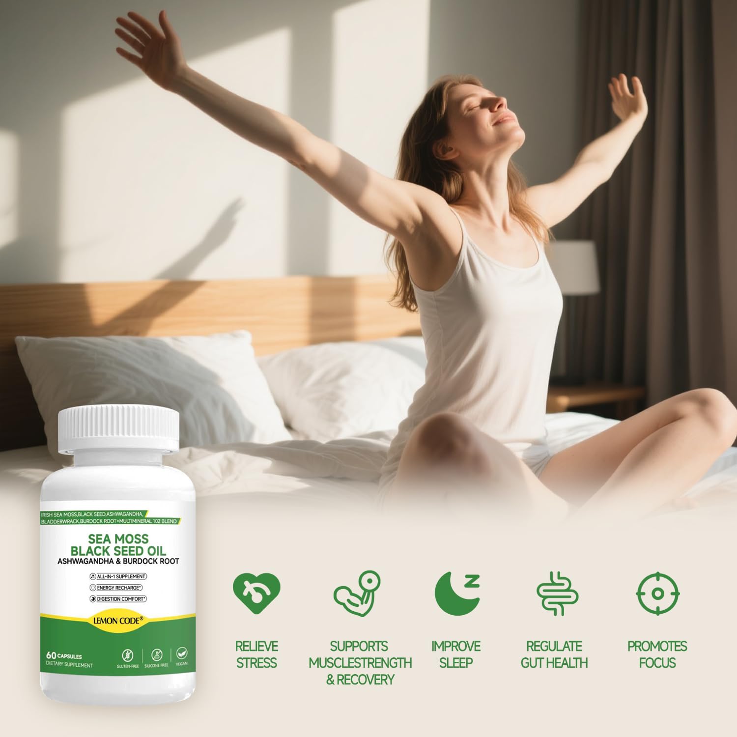 LEMON CODE Sea Moss & Black Seed Oil Capsules with Burdock & Bladderwrack & Ashwagandha, Vitamin C&D,Natural Herbal Complex for Daily Balance, Energy & Digestive Support, Vegan, Non-GMO, 60 Capsules LEMON CODE Au supplements