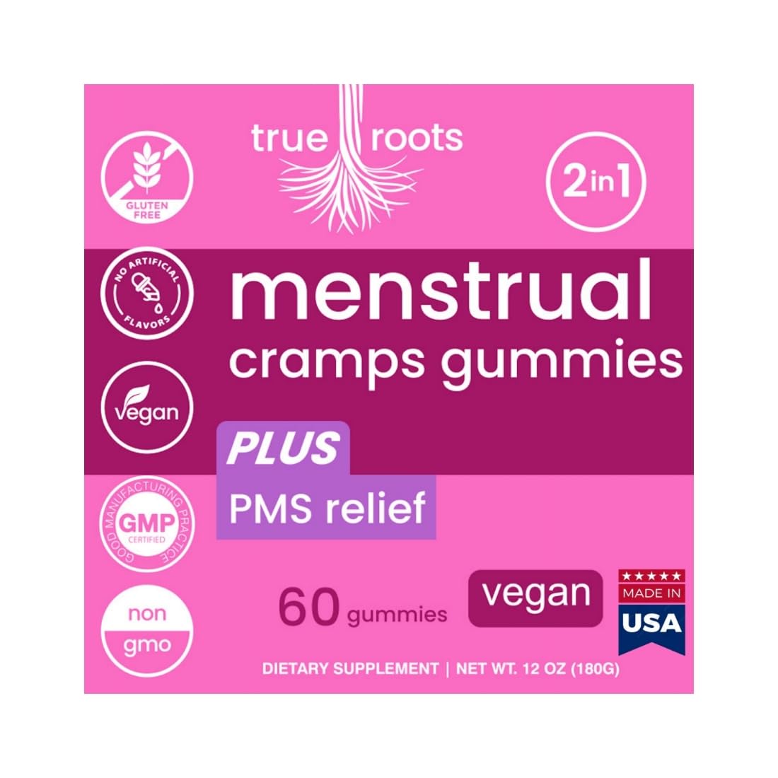Menstrual Cramp Period Gummies True Roots | PMS Support Supplement for Women | Healthy Flow | Flo PMS Menstrual Cycle Relief, Cramping and Bloating | Vegan & Natural Flavors | 60 Count True Roots Au supplements