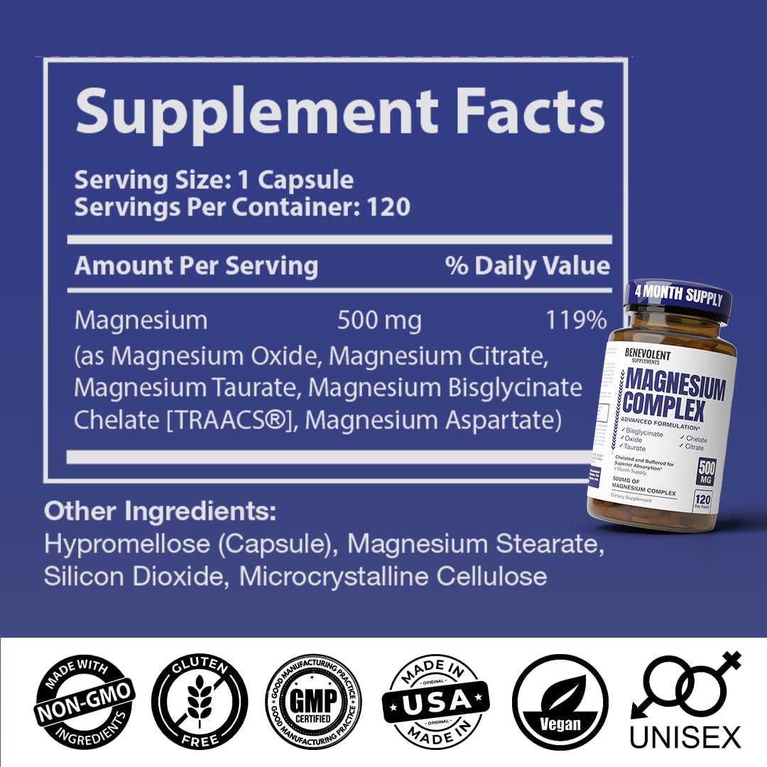 Premium Magnesium Capsules 500mg, High Absorption Formula Chelated Buffered Citrate to Support Digestion, Bone, Sleep & Muscle Health