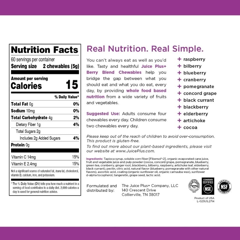 Juice Plus+ Fruit, Vegetable & Berry Blend Soft Chews (Chewables) - 30 Plant-Based Ingredients! Vegan Gummies for Kids & Adults - Gluten-Free, Non-GMO, No HFCS - Prepacked 3 Pouches (30 Chews Each) Juice Plus+ Au supplements