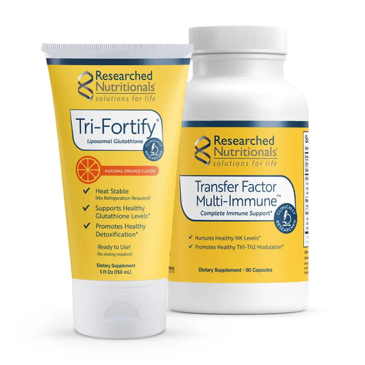 Researched Nutritionals Liposomal Glutathione (450mg) + Colostrum & Mushrooms Supplement for Immune Support - Enhanced Immunity Duo - Tri-Fortify Orange + Transfer Factor Multi-Immune (2 Piece Set) Researched NutritionalsAu supplements