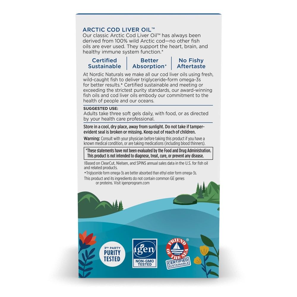 Nordic Naturals Arctic Cod Liver Oil, Lemon - 180 Soft Gels - 750 mg Total Omega-3s with EPA & DHA - Heart & Brain Health, Healthy Immunity, Overall Wellness - Non-GMO - 60 Servings Nordic Naturals Au supplements