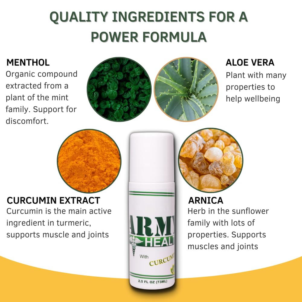 ARMY HEALTH Roll On 100% Natural Turmeric Curcumin - Pain Reliever - Inflammation - Headache - Backache - Joint and Muscle Pain 2.5 Oz ARMY HEALTH Au supplements
