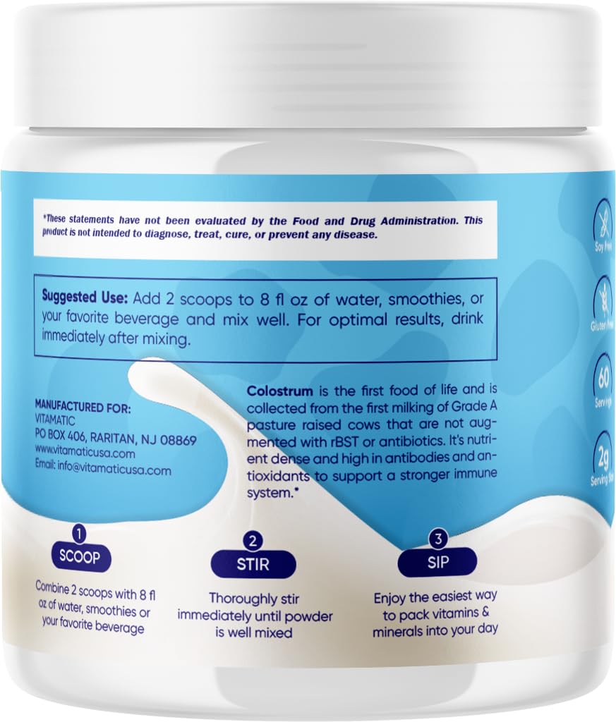 Vitamatic Bovine Colostrum Powder - 50% Highest IgG -120 Gram - Supplement for Gut Health, Hair Growth, Beauty, Muscle Recovery, & Immune Support - Easy to Mix - Unflavored - 60 Servings Vitamatic Au supplements