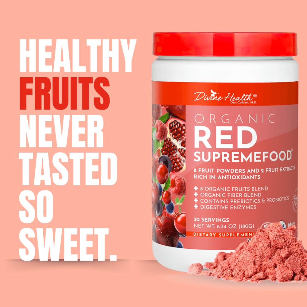 Dr. Colbert, MD Organic Red Supremefood | Berry Flavored Blend | by Divine Health | 10 Organic Fruits | Probiotics | Enzymes | Herbs | Fiber | Antioxidants | Non-GMO | 30 Day Supply | 180g Divine Health Au supplements