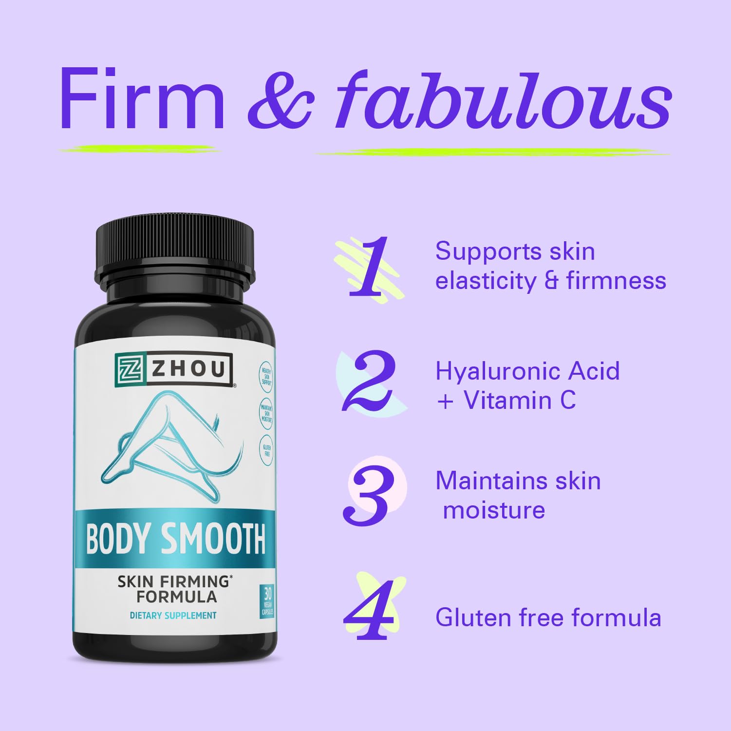 Zhou Body Smooth - Cellulite Pills for Women, Dimpless Anti Cellulite Supplement for Firm Smooth Skin with Hyaluronic Acid & Vitamin C, Skincare for Thigh, Legs, Butt, Supports Hydration - 30 Capsules ZHOU Au supplements