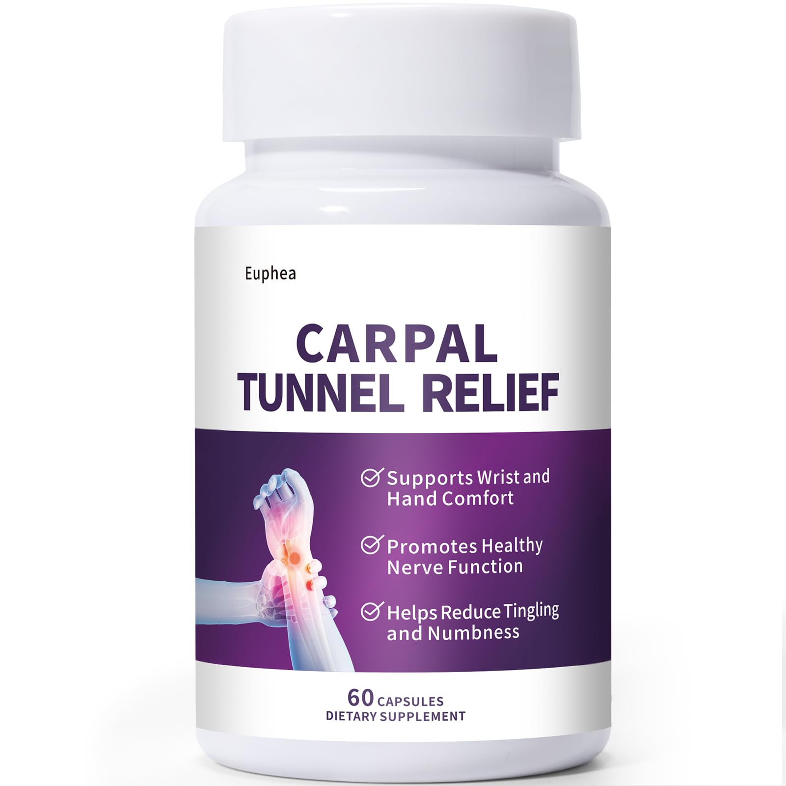 Euphea Carpal Tunnel Relief & Wrist Support Supplement, Helps Ease Tingling & Numbness,Vitamins B6, B12, C, D, K + GABA,60 Capsules Euphea Au supplements
