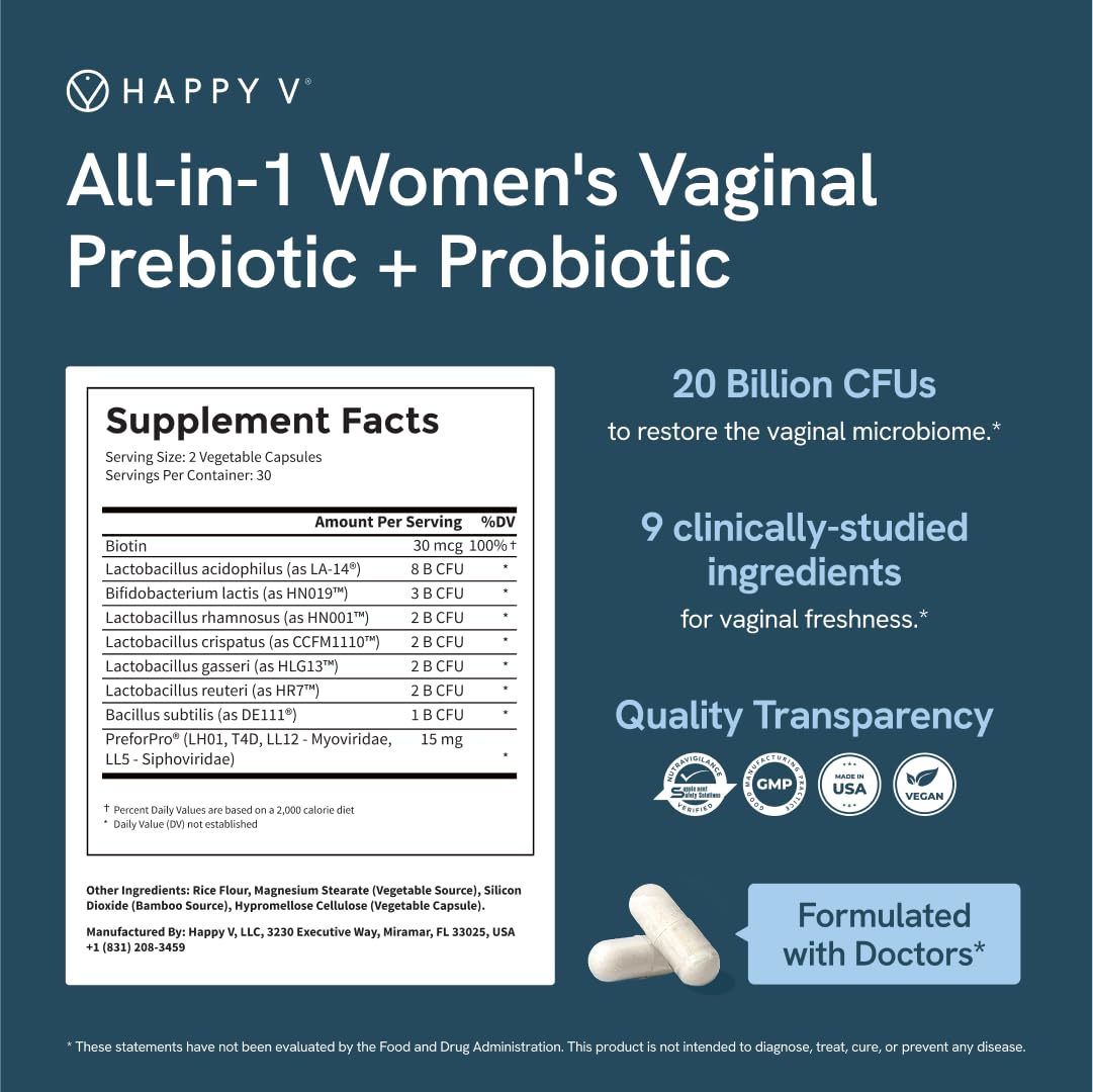 Happy V Dr. Formulated Vaginal Probiotics for Women Odor & Itch Support, Urinary & Gut Health, pH Balance | Womens Daily Probiotic with Patented Prebiotics & Lactobacillus for Feminine Wellness Happy V Au supplements