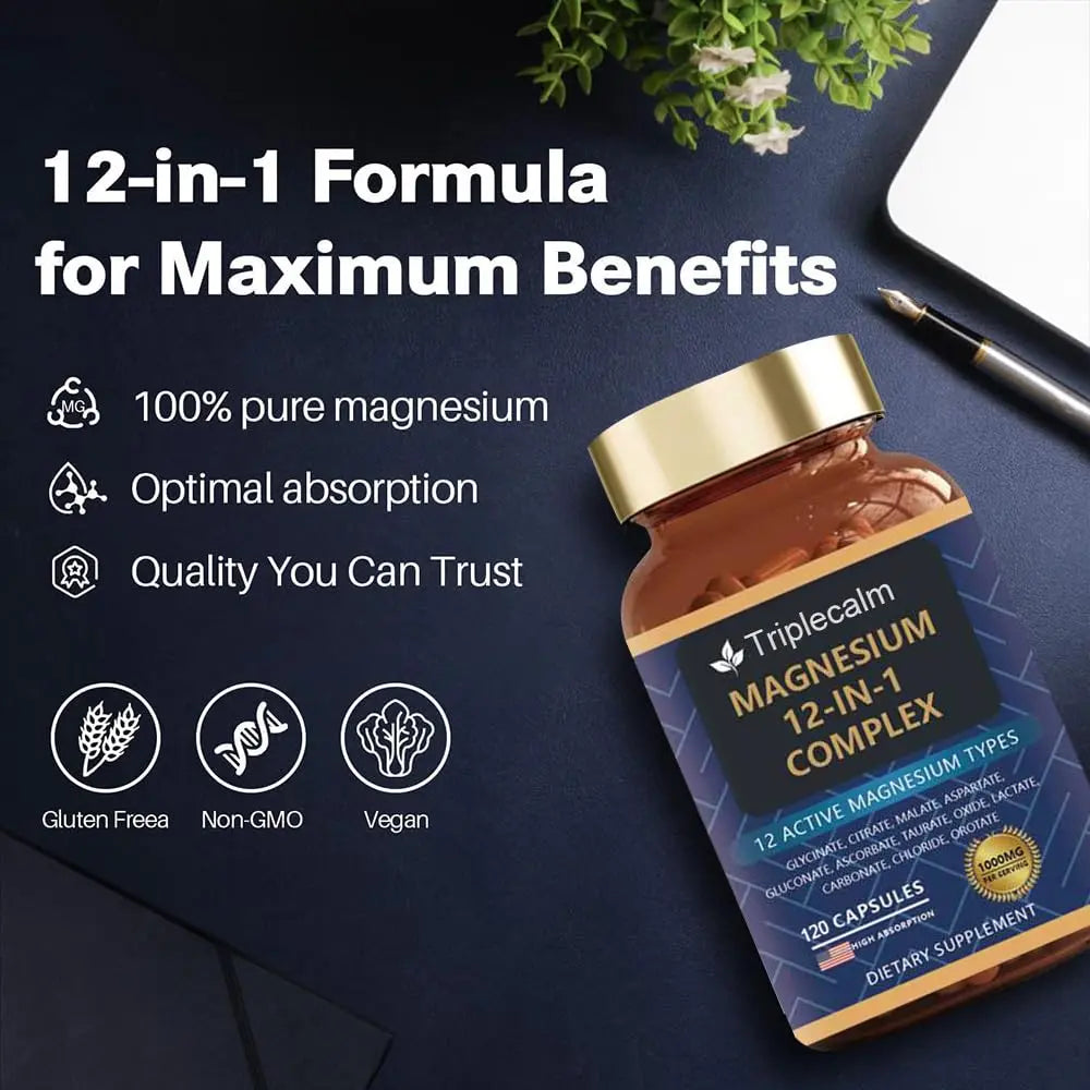 Magnesium Complex 12 in 1 Supplement - 12 Elemental 1000mg - Magnesium Glycinate, Citrate, Malate, Taurate - High Absorption,for Muscle, Nerve & Sleep Support - 120 Capsules Triplecalm Au supplements