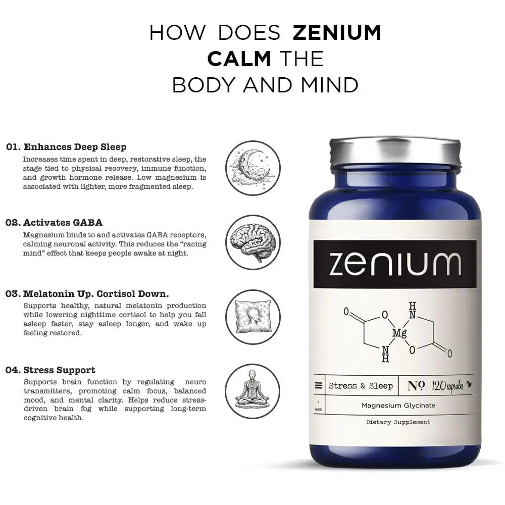 Zenium - Magnesium Glycinate for Sleep, Chelated, 600mg per Serving, 120 Capsules | High Absorption | Relieve Tension, Worry, Nervousness | Calm The Mind & Body | Ayurvedic | Natural Relief Supplement Zenium Au supplements