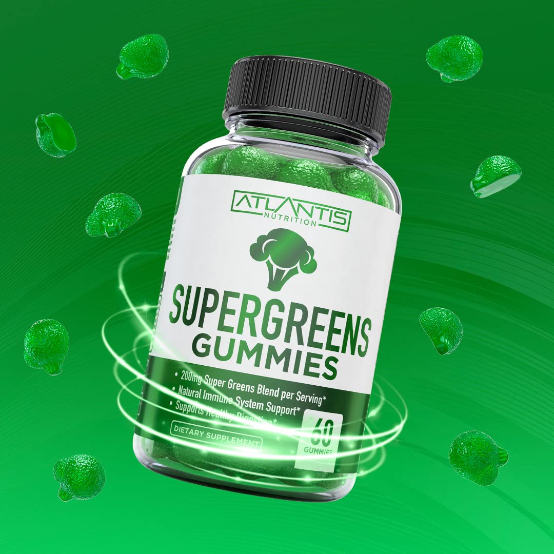 Atlantis Nutrition Supergreens Gummies - Daily Green Superfoods Supplement with Spinach, Broccoli, Moringa, Beet Root, Celery, Green Tea, & Acai for Immunity Support - Natural Raspberry Flavor, 60 cnt Atlantis Nutrition Au supplements
