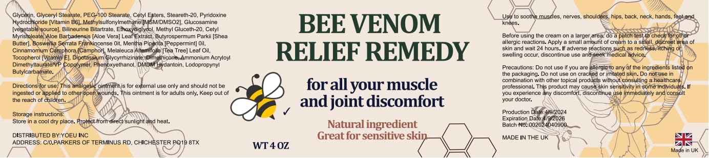 KOKOMAANE Bee Venom Muscle Bone Cream, Fast Acting, for Back, Neck, Hand, Foot, Knee, Muscle, Shoulder, Topical, Wrist, Elbow, Hip, Nerve, Plantar, Ankle, Foot discomfort, Vitamin B6 KOKOMAANE Au supplements