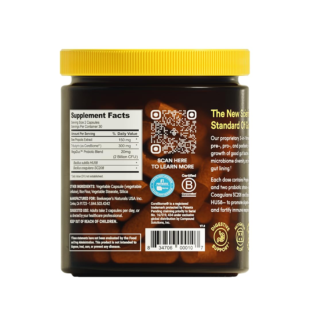 Complete Gut Health by Beekeeper's Naturals, 3-in-1 Prebiotic, Postbiotic, Probiotics for Digestive Health & Bloating Relief for Women & Men, Propolis Powered, Gluten-Free Vegan Capsules, 60ct Beekeeper's Naturals Au supplements