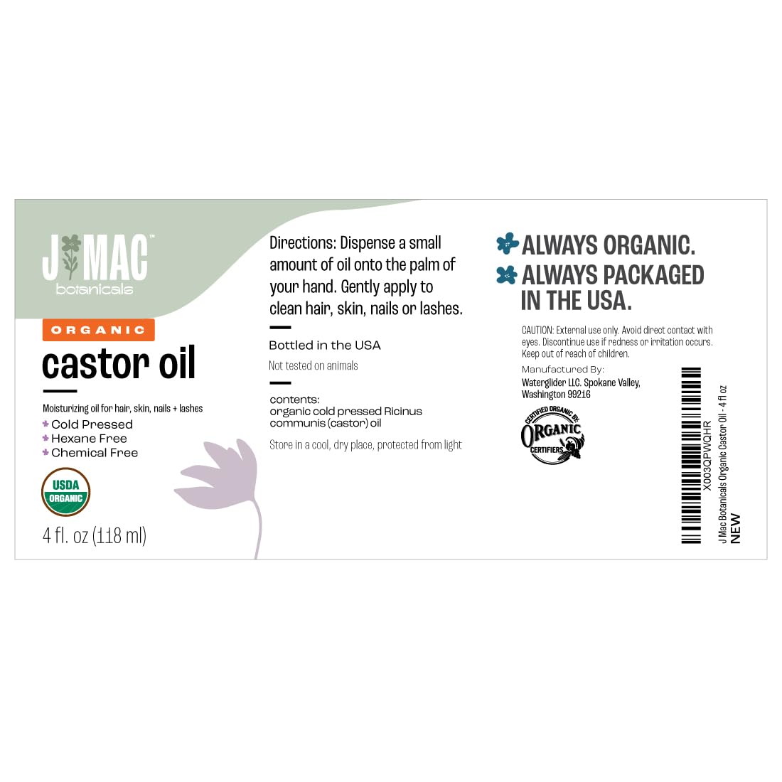 J MAC BOTANICALS Organic Castor Oil Cold Pressed (Glass Bottle, 4 oz ) J MAC BOTANICALS Au supplements