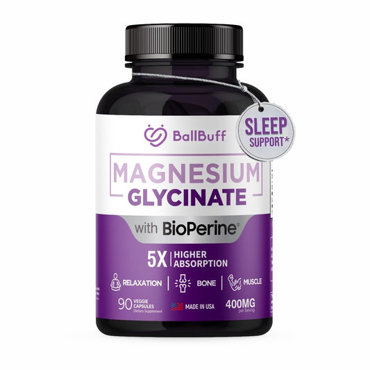 Pure Magnesium Glycinate 400mg - 5X Higher Absorption - Support Stress Relief, Sleep, Bone Health - 100% Chelated - Pure Magnesium Supplement BallBuffUS supplements