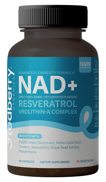 NAD Supplement with Direct NAD+ 300mg (NAD Plus) | Advanced Longevity Complex with Urolithin A & Resveratrol | NMN Alternative | 60 Capsules | Non-GMO, Gluten Free | Made in USA Redberry Organics Au supplements