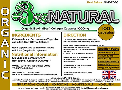 Beef Bovin 100 Hydrolyzed Collagen 1000mg Capsules Bee-natural Au supplements