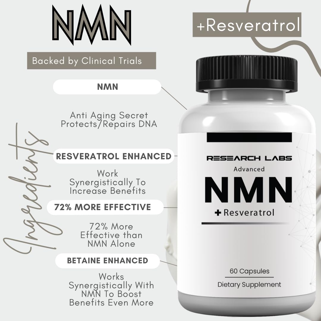 Research Labs Advanced NMN Resveratrol & Betaine (TMG) Longevity Formula – NAD Cellular Energy, Healthy Aging, Metabolic Support – Advanced Science Supplement – Made in USA NAD Supplement Booster Research Labs Au supplements