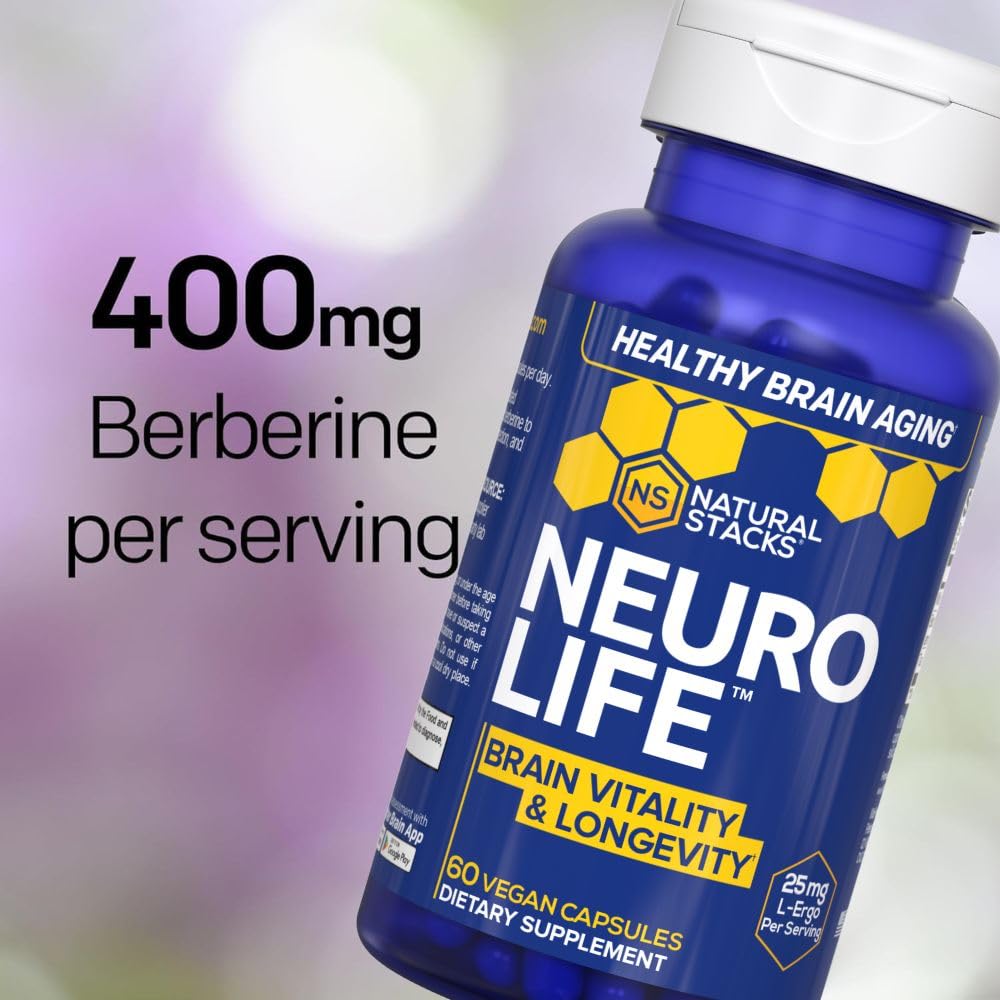 NeuroLife Longevity Supplement - 500mg Taurine & 400mg Berberine Supplement - Clinically Tested MitoPrime L-Ergothioneine - Brain Support for Cognitive Vitality - 60 Berberine Capsules NATURAL STACKS Au supplements