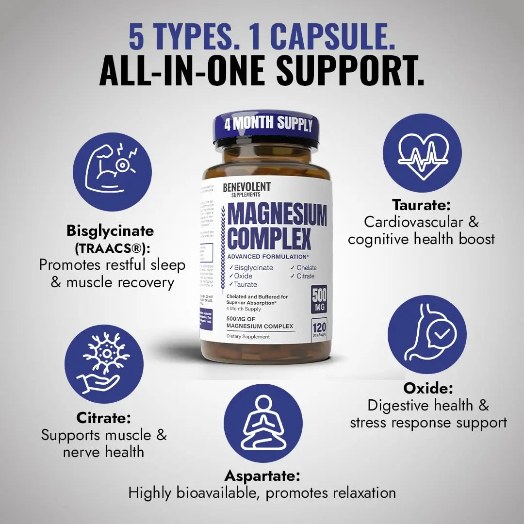 Magnesium Complex Supplement, 4 Month Supply of 500mg 5-in-1 Bisglycinate, Oxide, Taurate, Aspartate, Citrate, Max Absorption Magnesium Supplement for Calm, Sleep & Leg Cramps, 120 Capsule Benevolent Nourishment Au supplements
