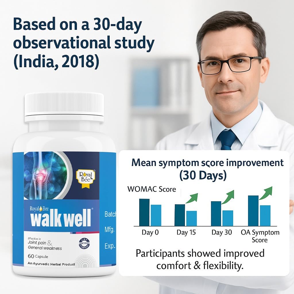Royal Bee Walkwell Capsules – 60 Capsules – Supports Joint Pain & Inflammation Relief · Useful in Osteoarthritis · Promotes Flexibility & Mobility · Clinically Studied Herbal Ingredients Generic Au supplements