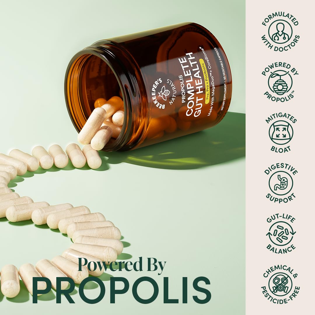 Complete Gut Health by Beekeeper's Naturals, 3-in-1 Prebiotic, Postbiotic, Probiotics for Digestive Health & Bloating Relief for Women & Men, Propolis Powered, Gluten-Free Vegan Capsules, 60ct Beekeeper's Naturals Au supplements