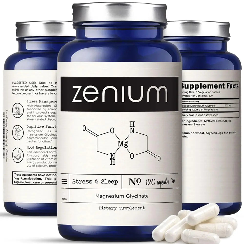 Zenium - Magnesium Glycinate for Sleep, Chelated, 600mg per Serving, 120 Capsules | High Absorption | Relieve Tension, Worry, Nervousness | Calm The Mind & Body | Ayurvedic | Natural Relief Supplement Zenium Au supplements
