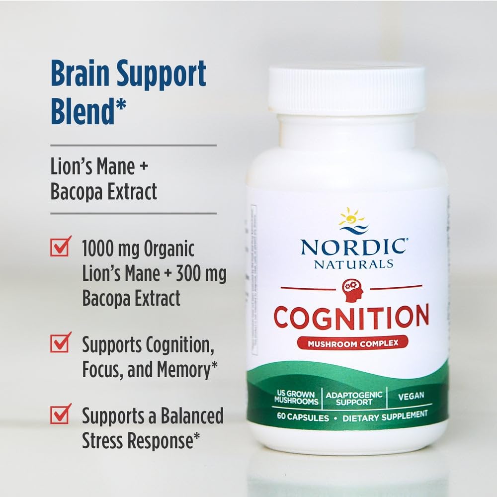 Nordic Naturals Cognition Mushroom Complex, Unflavored - 60 Capsules - Brain, Memory & Mood Support - Blend of Lion’s Mane Mushroom & Bacopa Extract - Non-GMO - Certified Vegan - 30 Servings Nordic Naturals Au supplements