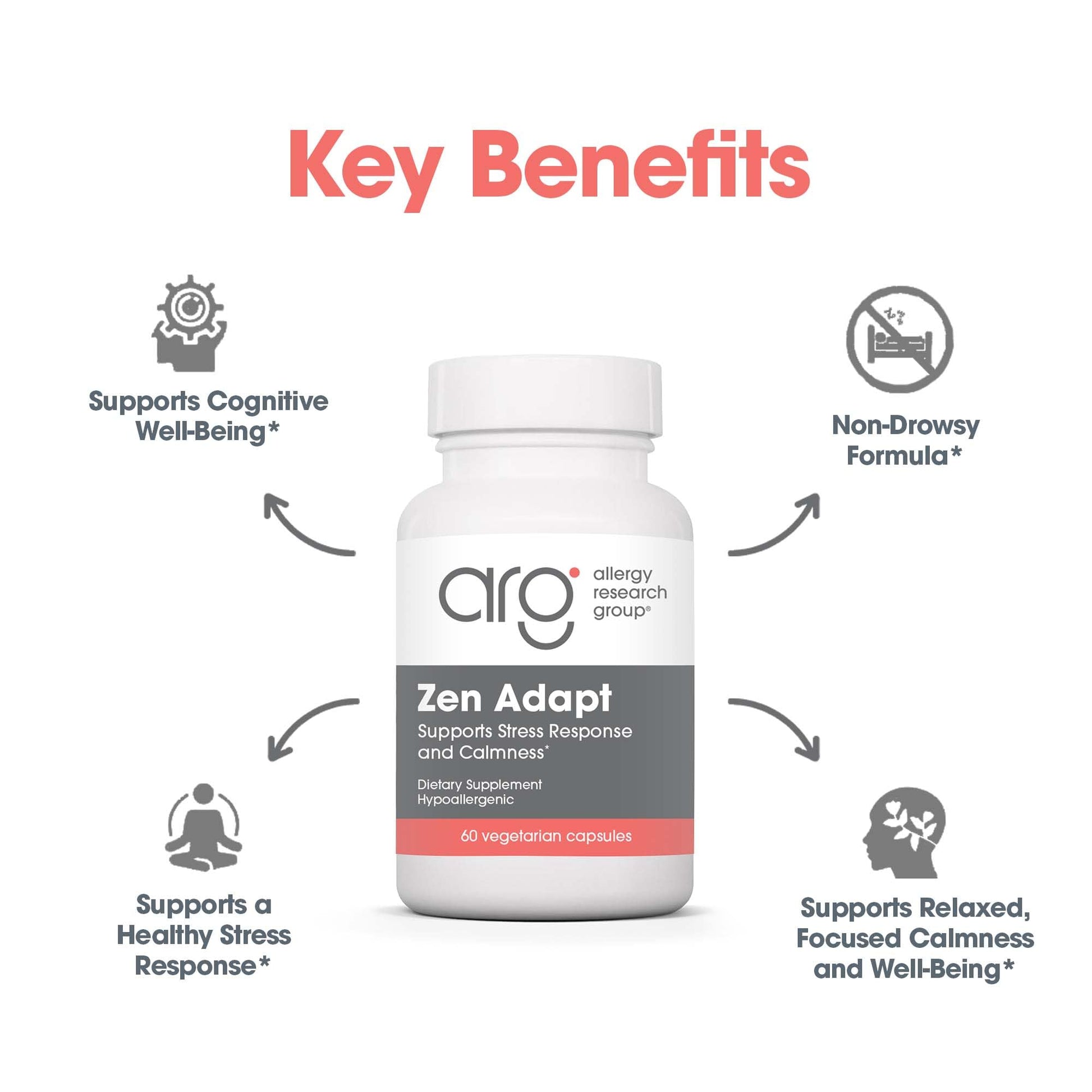 ARG Zen Adapt - 200 mg L-Theanine, 125 mg Ashwagandha & 550 mg GABA - Supports Stress Response and Calmness - Vegetarian Capsules - Hypoallergenic Formula - 30 Servings - 60 Capsules Allergy Research Group Au supplements