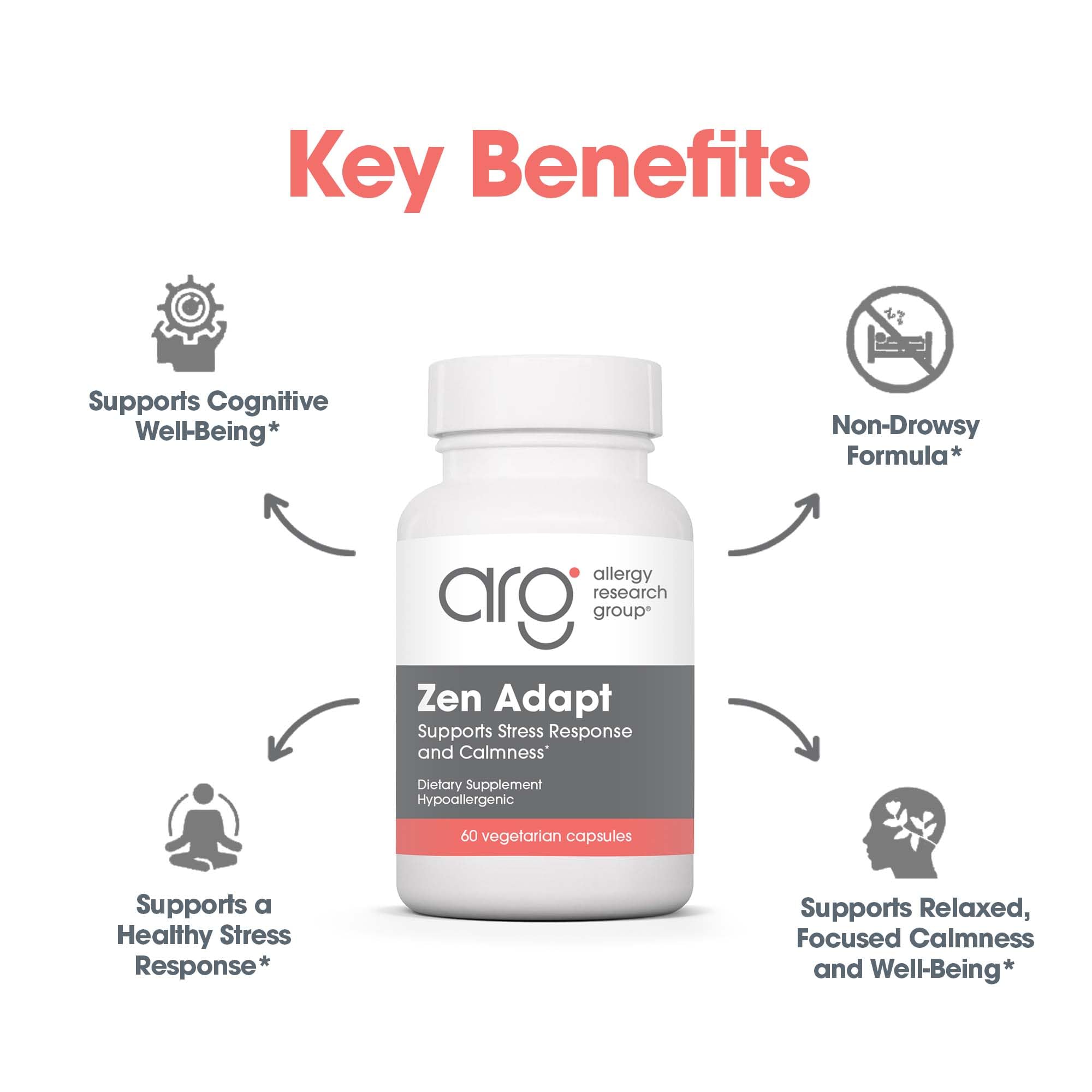 ARG Zen Adapt - 200 mg L-Theanine, 125 mg Ashwagandha & 550 mg GABA - Supports Stress Response and Calmness - Vegetarian Capsules - Hypoallergenic Formula - 30 Servings - 60 Capsules Allergy Research Group Au supplements