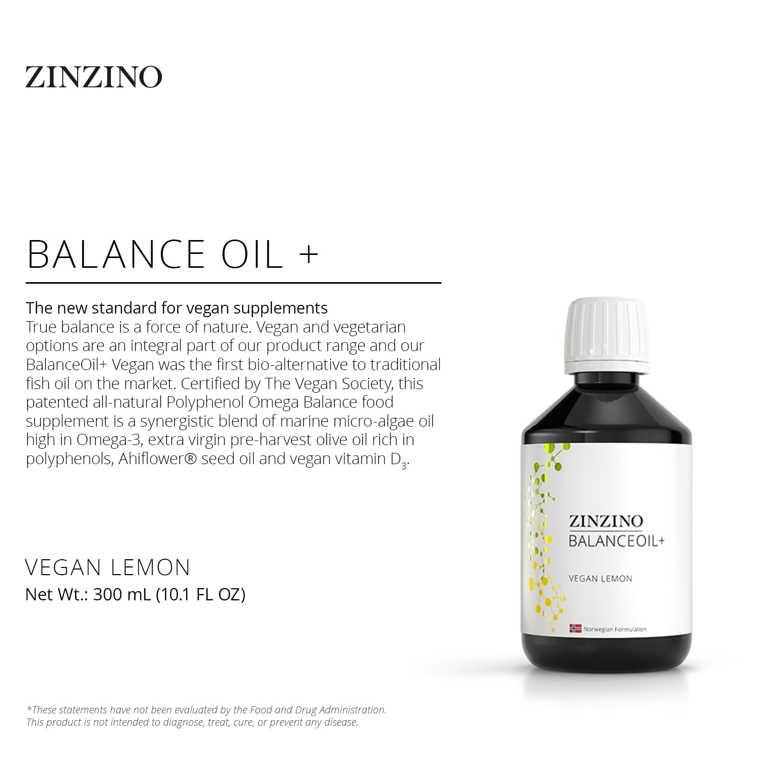 Zinzino - BalanceOil+ Vegan Lemon, Synergistic Blend with Marine Micro-Algae, Olive Oil, Ahiflower Seed Oil, Vegan Vitamin D3-300 ml ZINZINO Au supplements
