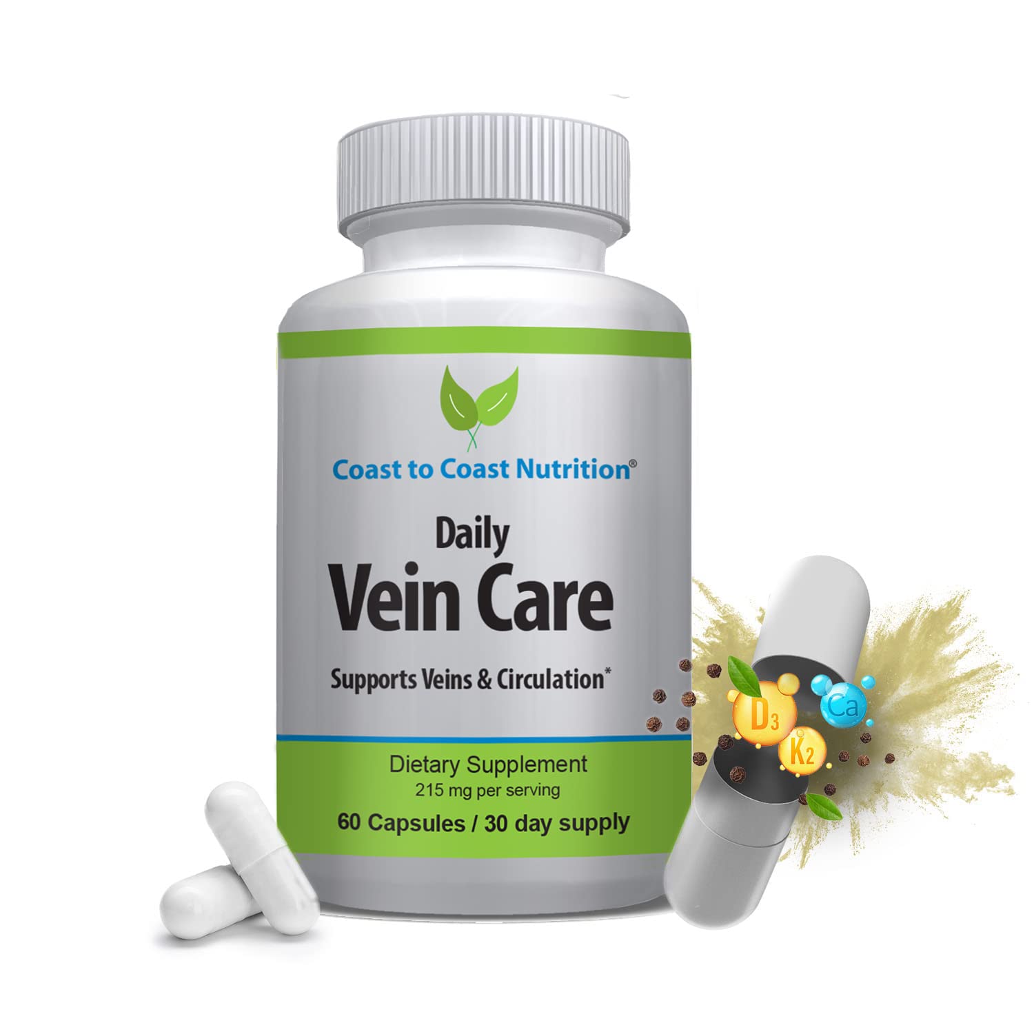 Coast to Coast Nutrition Daily Vein Care Supplement Capsules — Circulation Formula with a Natural Blend of Calcium, Vitamin D3, Vitamin K2 Plus BioPerine for Max Absorption Vein Formula — 60 Capsules Coast to Coast Nutrition Au supplements