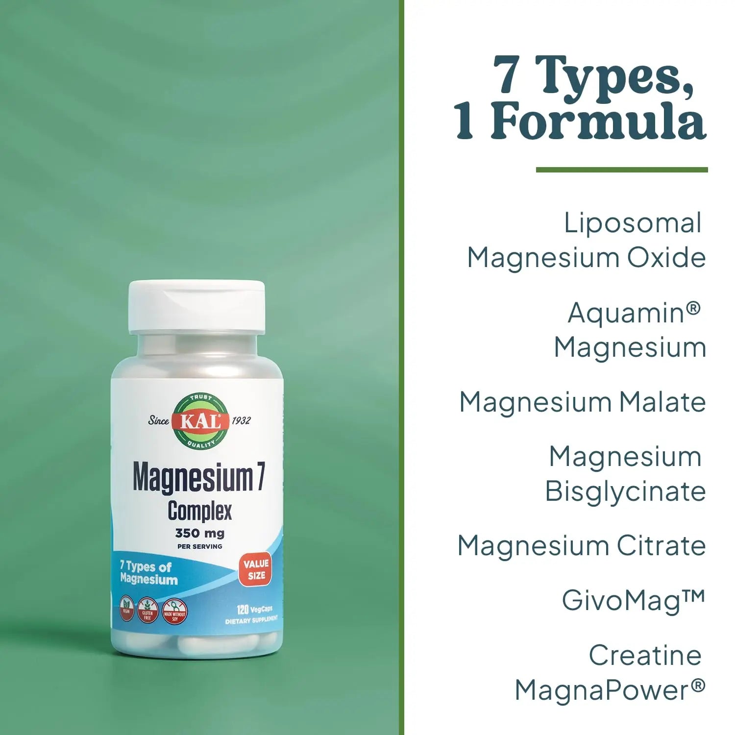 KAL Magnesium Complex 7 - Total Complex with Magnesium Glycinate, Citrate, Malate and More - Relaxation and Whole Body Support Supplements - Vegan, 60-Day Guarantee - 60 Servings - 120 VegCaps KAL Au supplements