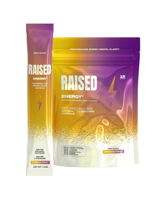 Raised Energy+ Nootropic Drink Mix | 200mg Natural Caffeine + L-Theanine | Zero Sugar | Clean Energy Powder for Focus, Mood & Motivation | 15 Stick Packs | Passion Fruit Flavor RaisedAU supplements