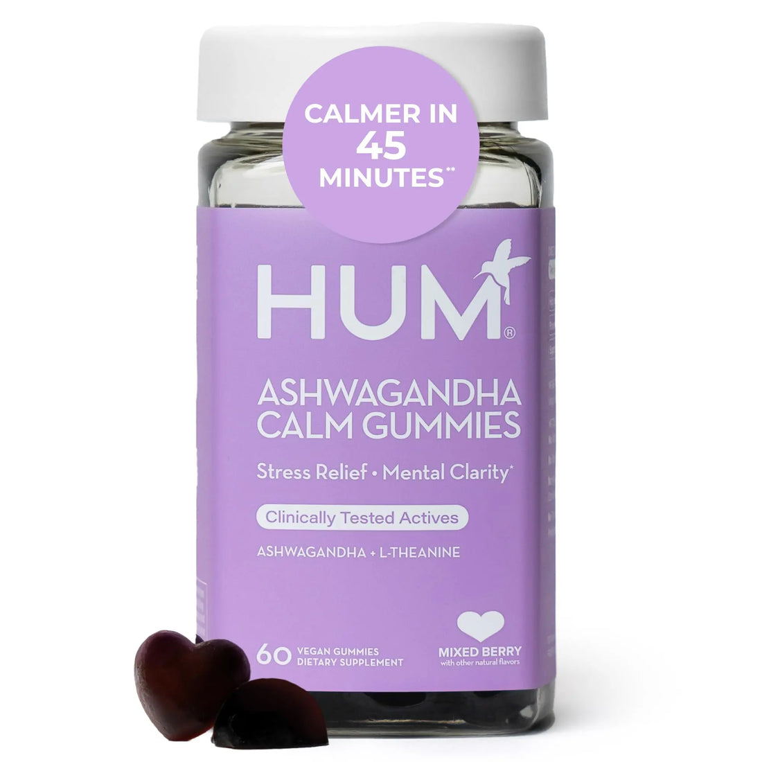 HUM Calm Ashwagandha Gummies for Women and Men, L-Theanine Ashwagandha Supplements for Daily Relaxation & Clarity Support, Vegan Fast Acting Gummy Formula, Mixed Berry Flavor, 60 Gummies HUM uk supplements