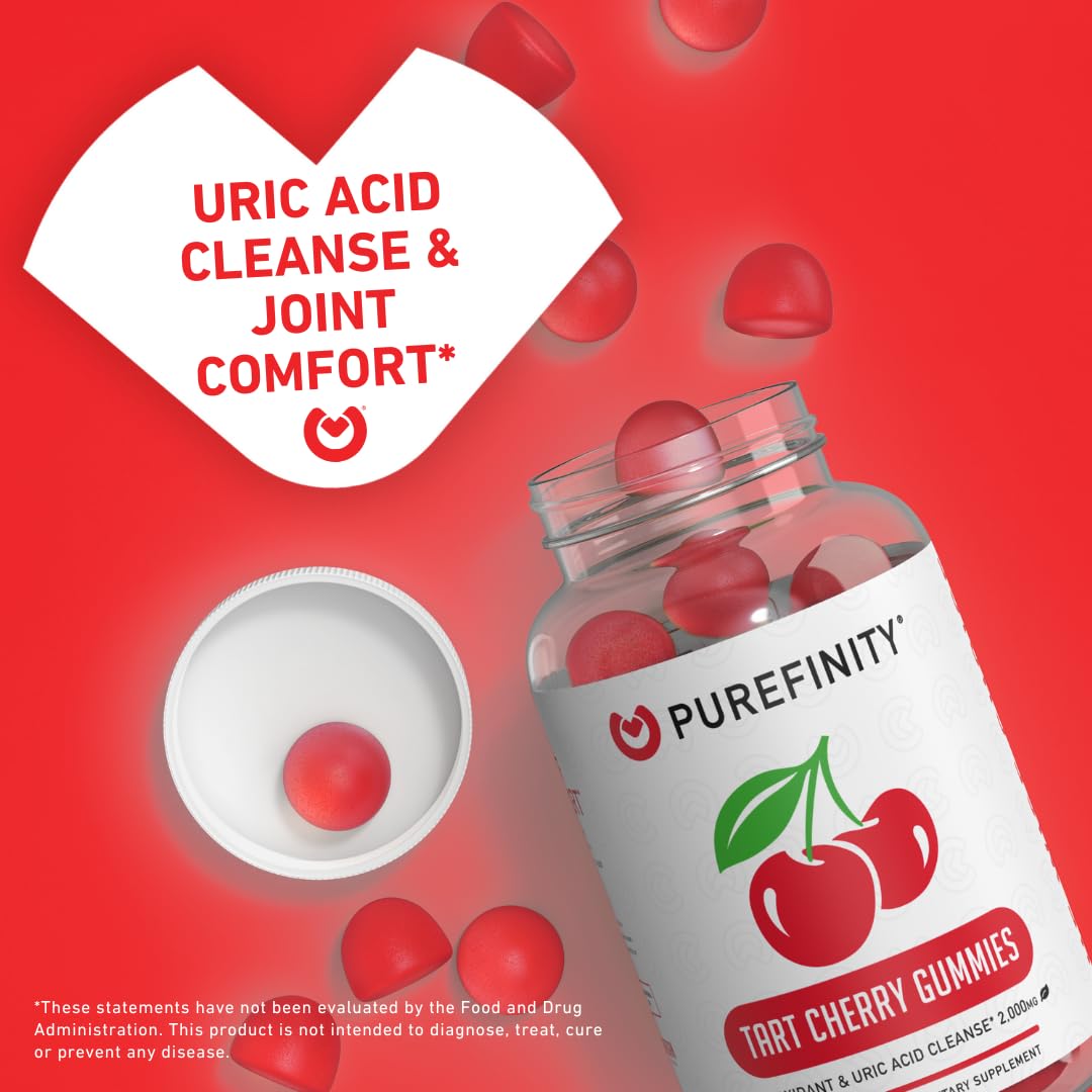 PUREFINITY Tart Cherry Gummies – Uric Acid Flush for Joint Relief & Recovery, Raw Juice Extract Antioxidant – Non-GMO, Gluten Free, Vegan, 60 Count
