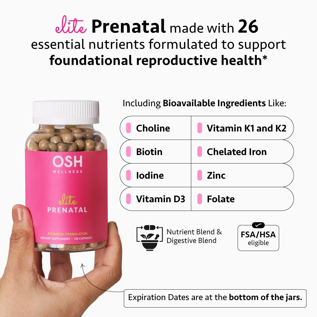 Ayurvedic Elite Prenatal Vitamins with Folate, Choline, Iron, Iodine & more | Made in USA | Optimal Bioavailability | Supports Baby's Growth and Brain Development | 30 Day Supply - OSH Wellness Freshly Moms Au supplements