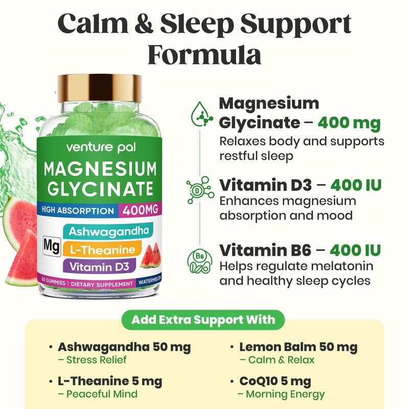 60 Day Supply Magnesium Glycinate 400mg Gummies with Ashwagandha, L-Theanine, CoQ10, Vitamin D3 & B6, Sugar Free Magnesium Gummies for Adults & Kids, Stress Relief, Sleep & Calm, Vegan, Gluten Free Venture Pal Au supplements