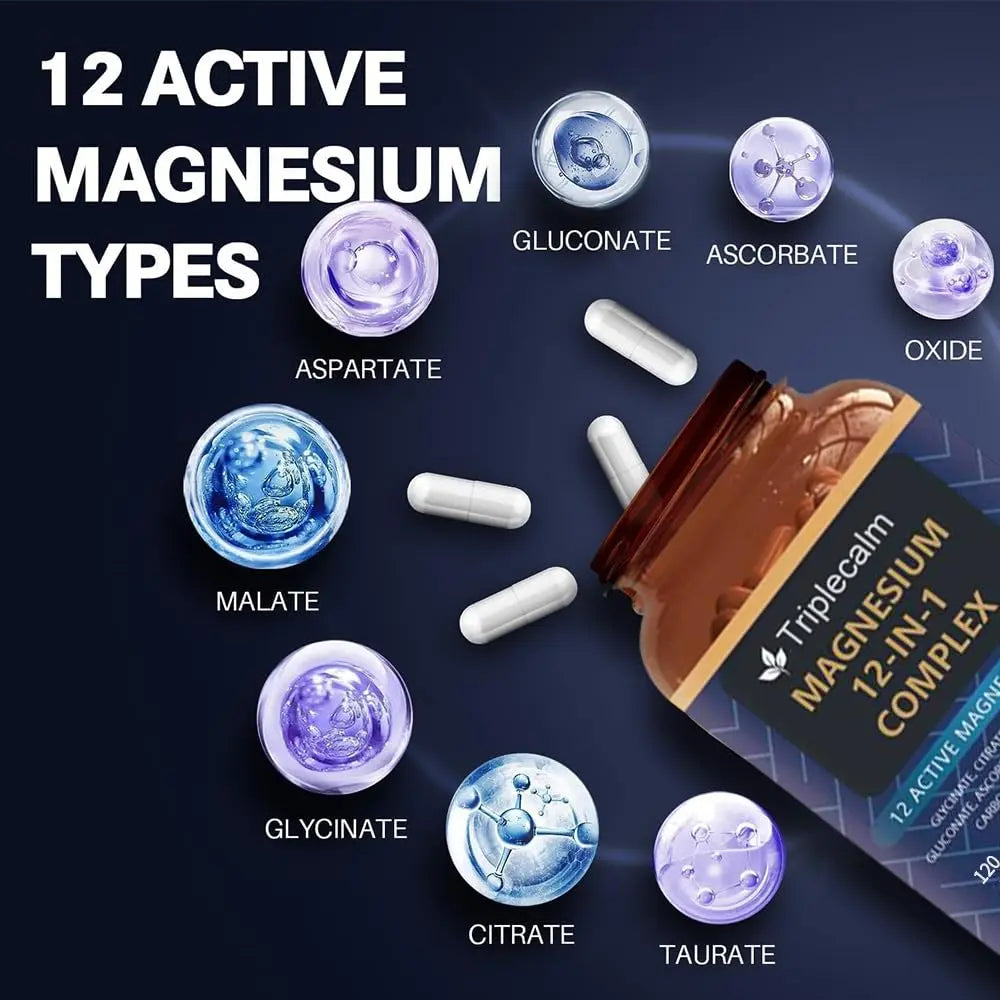 Magnesium Complex 12 in 1 Supplement - 12 Elemental 1000mg - Magnesium Glycinate, Citrate, Malate, Taurate - High Absorption,for Muscle, Nerve & Sleep Support - 120 Capsules Triplecalm Au supplements