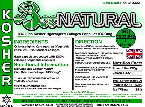 Bee-natural Kosher Pure Marine Hydrolyzed Collagen 1000mg 180 Capsules Bee-natural Au supplements