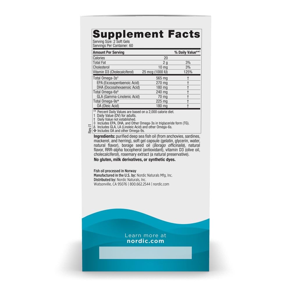 Nordic Naturals Complete Omega-D3, Lemon Flavor - 120 Soft Gels - 565 mg Omega-3 + 70 mg GLA + 1000 IU Vitamin D3 - EPA & DHA - Healthy Skin, Cognition, Positive Mood - Non-GMO - 60 Servings Nordic Naturals Au supplements