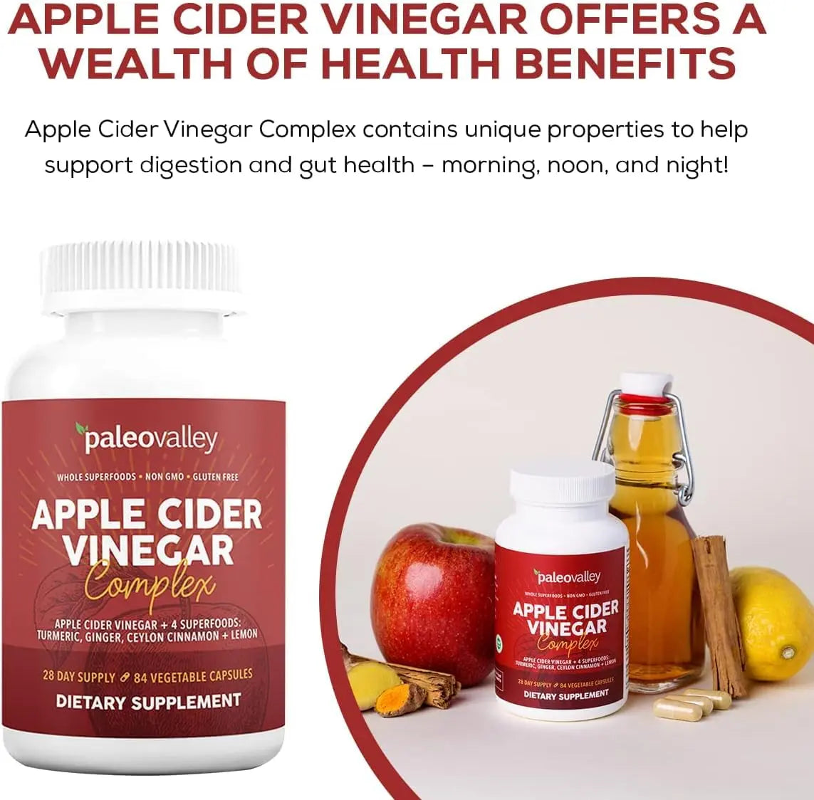 Paleovalley Apple Cider Vinegar Complex with Superfoods - Turmeric, Ginger, Ceylon Cinnamon and Lemon - 84 Vegetable Capsules Paleovalley Au supplements