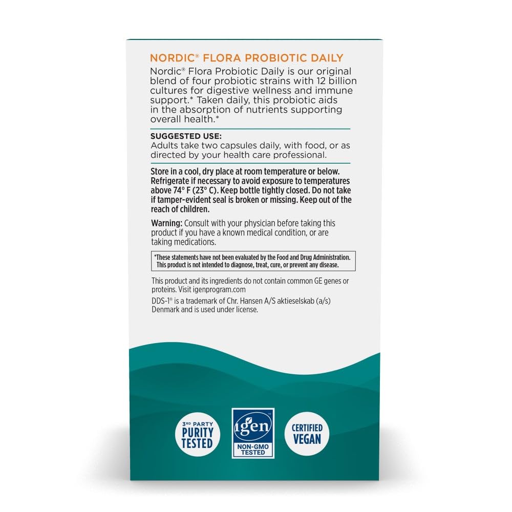 Nordic Naturals Nordic Flora Probiotic Daily - 60 Capsules - 4 Probiotic Strains with 12 Billion Cultures - Optimal Wellness, Immune Support, Digestive Health - Non-GMO, Vegan - 30 Servings Nordic Naturals Au supplements