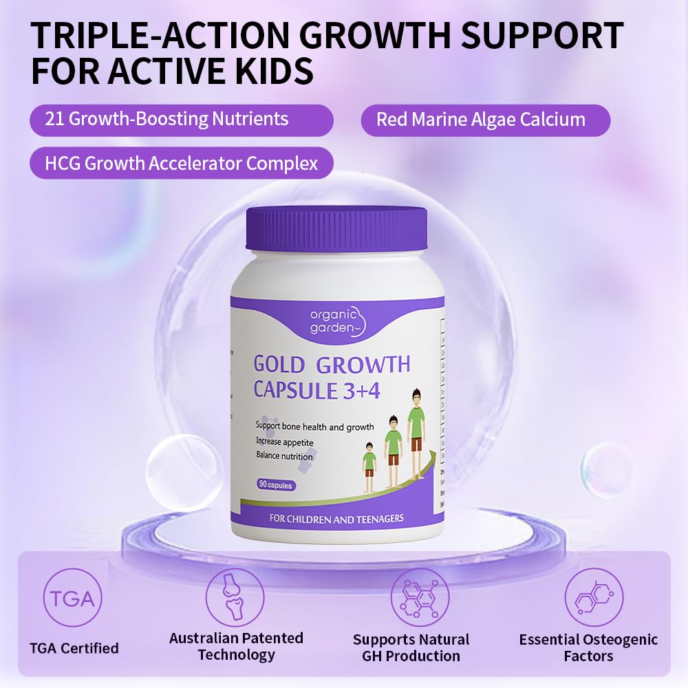 Organic Garden Natural Height Support Supplement for Teens & Young Adults - Bone Health & Growth Aid with L-Lysine, Red Algae Calcium, 19 Nutrients - 90 Capsules Organic Garden Au supplements