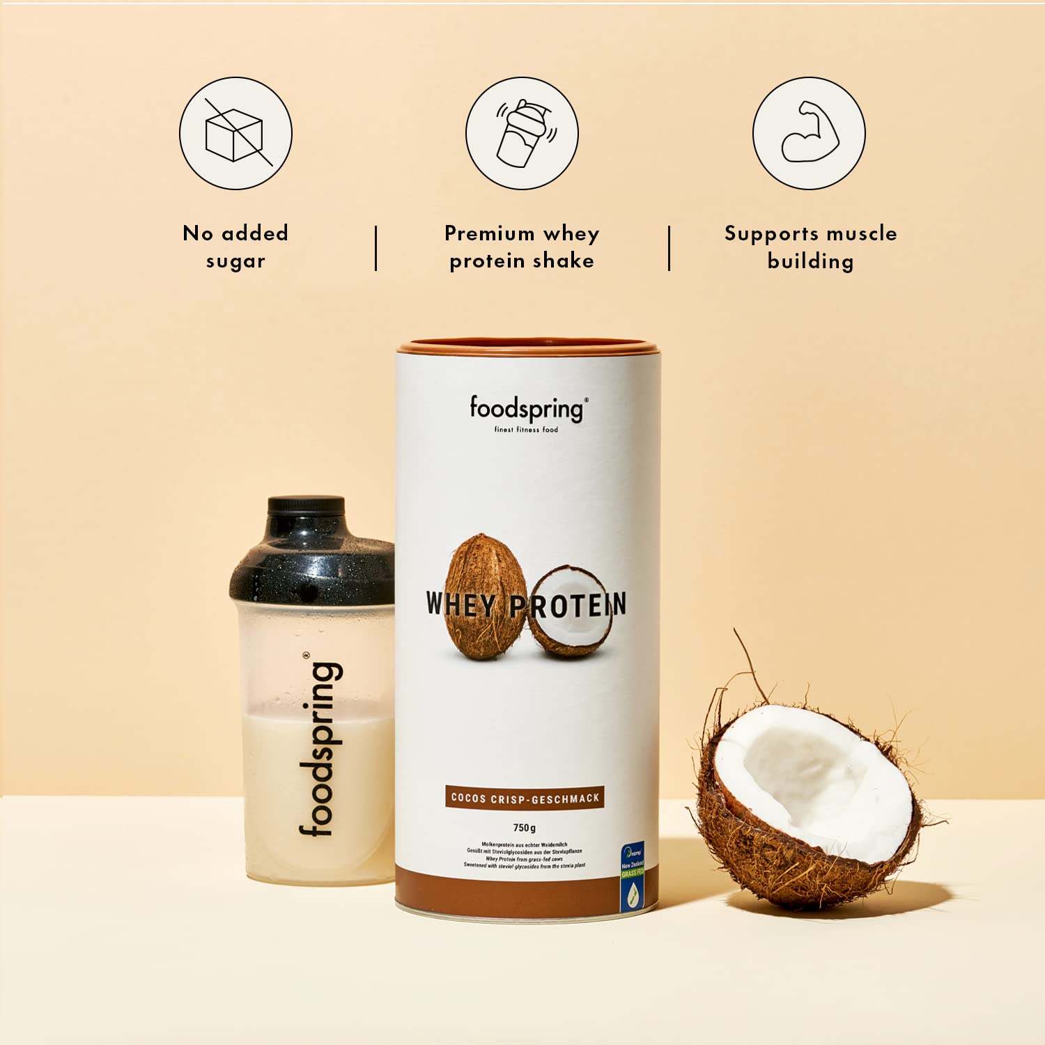 foodspring Whey Protein Powder Coconut – with 23g Protein for Muscle Building, Perfect Solubility, Made from Pasture Milk, Rich in BCAAs & EAAs - 750g foodspring Au supplements