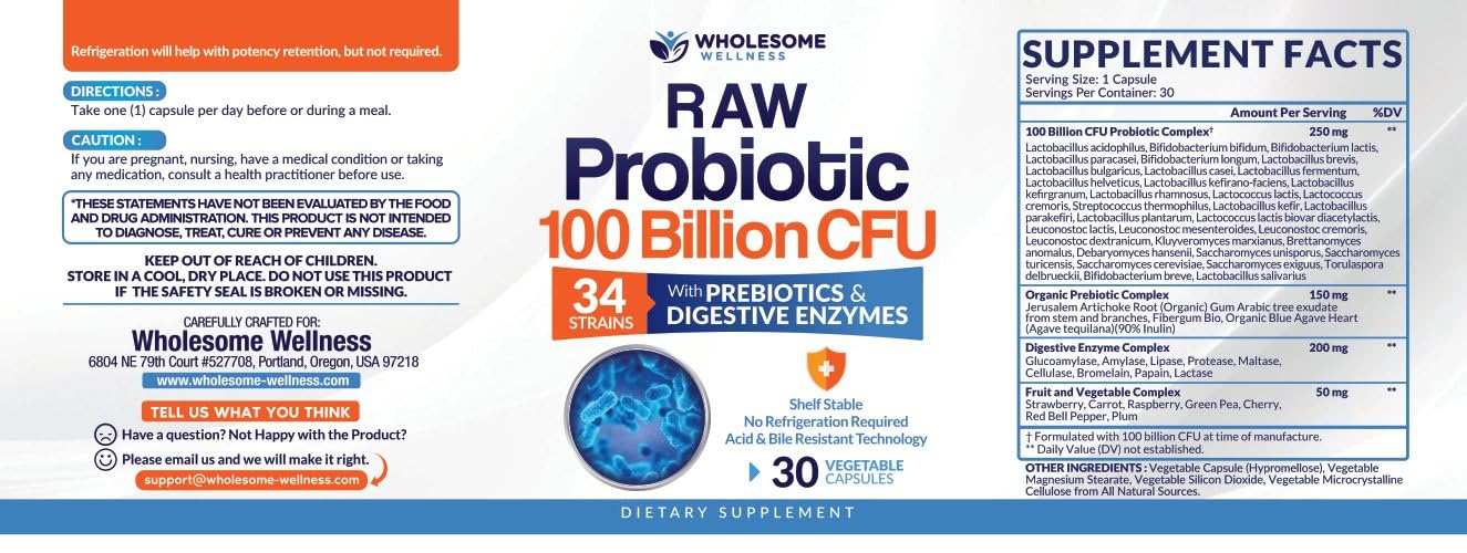 Wholesome Wellness Organic Raw Probiotics 100 Billion CFU, Dr Formulated for Women and Men, Complete Adult Supplement with Prebiotics and Digestive Enzymes; 30 Capsules, Shelf Stable Wholesome Wellness Au supplements