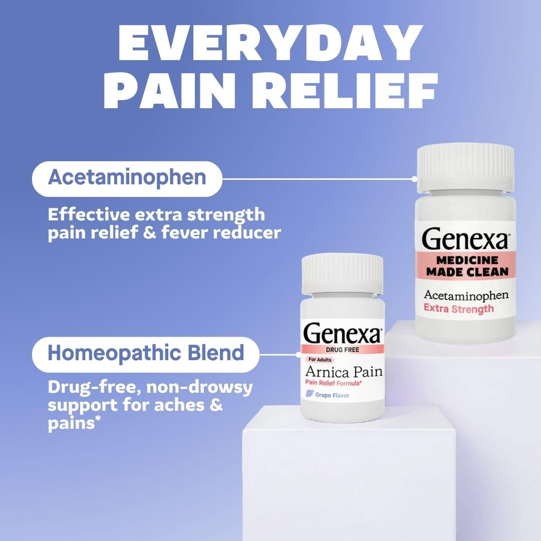 Genexa Adult Pain Relief Bundle | 500mg Acetaminophen Caplets + Homeopathic Arnica Chewables | Fast Relief for Headache, Joint & Muscle Pain | OTC + Homeopathic Combo | No Dyes or Artificial Additives Genexa Au supplements