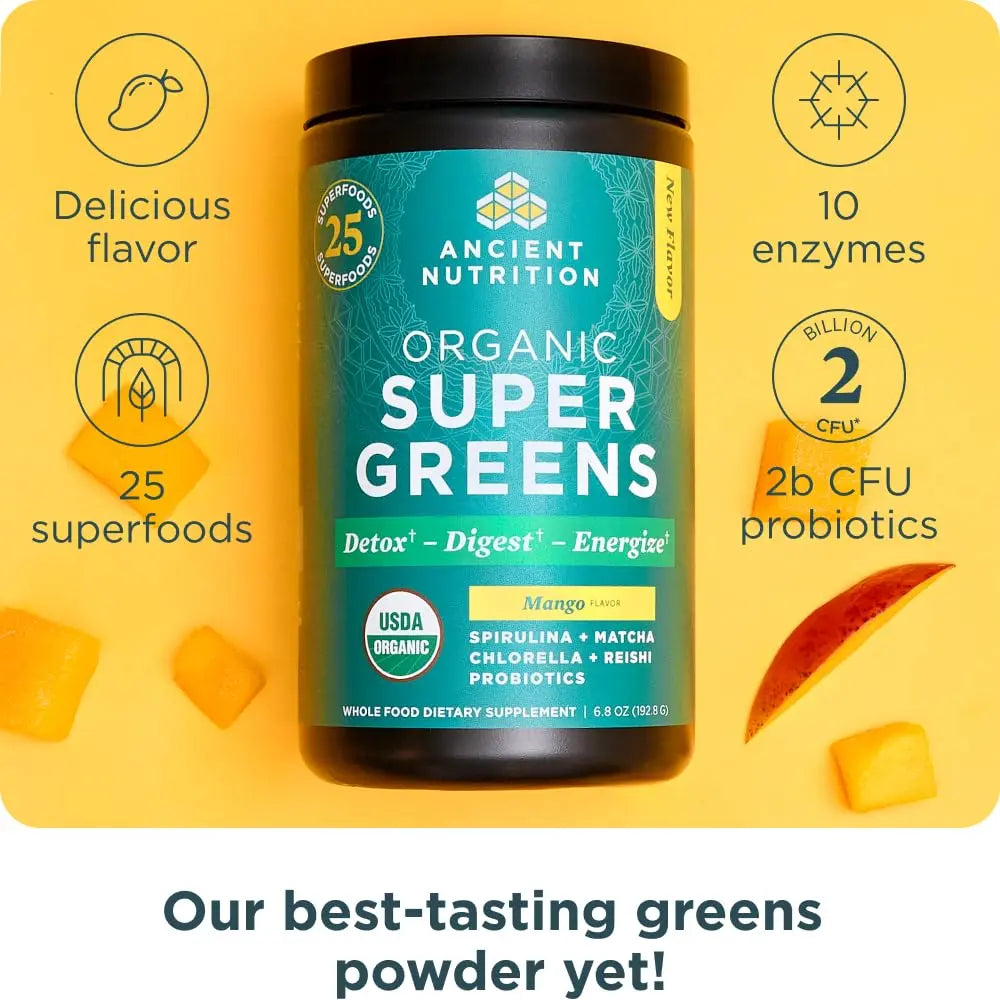 Ancient Nutrition Organic Supergreens Powder, Mango, 25 Servings + Multi Collagen Protein Powder, Vanilla, 60 Servings Ancient Nutrition Au supplements